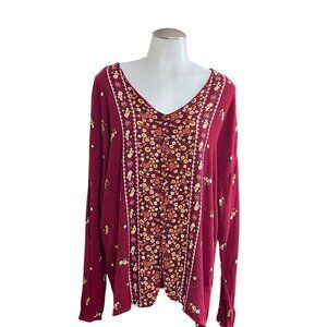 Lee Womens Floral Print Blouse Medium 100%‎ Rayon Burgundy V-Neck Long Sleeve